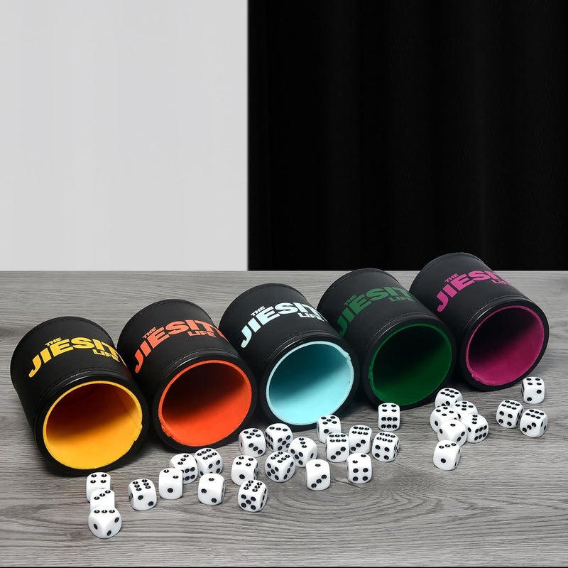 JIESITE Leather Dice Cup Set Lined Quiet Dice Shaker Cup with 5 Dice Cup and 30 Acrylic Dices Exclusive Storage and Transport Case for Travel Yahtzee Game Farkle Classic Dice Liars Dice (Mixed) - Image 4
